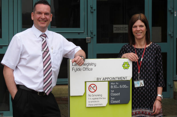 Chris and Chris from the Land Registry outside their office