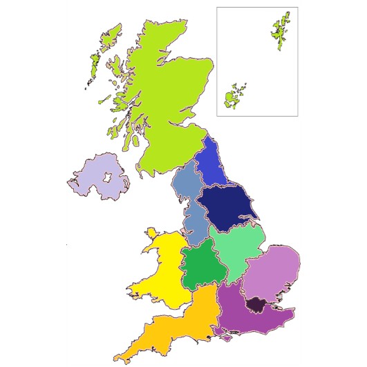 Map showing the nations and regions of the UK