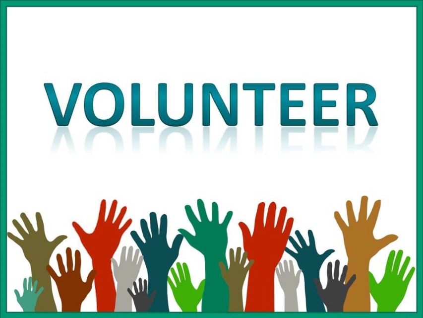 Image showing the word 'Volunteer' and multi coloured people's hands raised to volunteer
