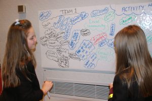 Two young girls writing on a whiteboard