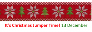 Strip of alternating white snowflakes and green christmas trees on a red background with words Its Christmas Jumper Time 13 December