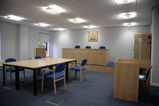 A picture of an empty mock court used for training in Glasgow