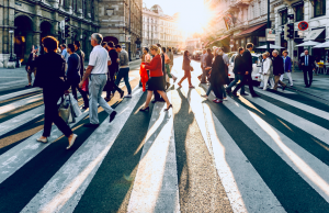 crowd of people at a pedestrian crossing 