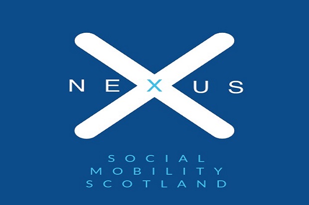 Scotland Flag with Nexus written through middle, Social Mobility Scotland underneath