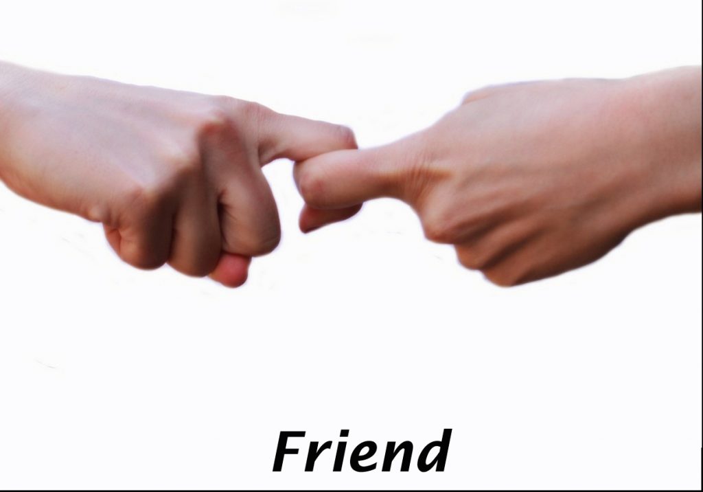 Index fingers linked in hand sign for friend. The word friend is printed beneath.