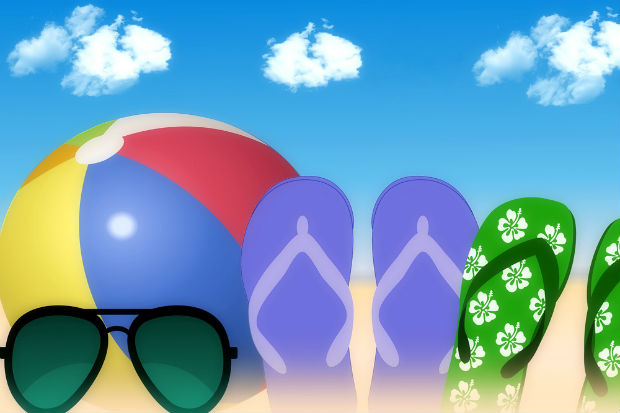 beach ball, sunglasses, flipflops blueskies portraying summer holidays