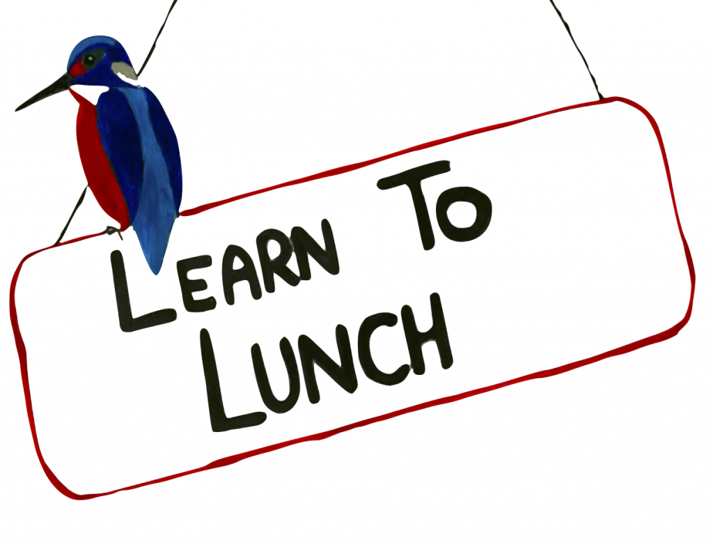 sign saying learn to lunch with kingfisher sitting on top