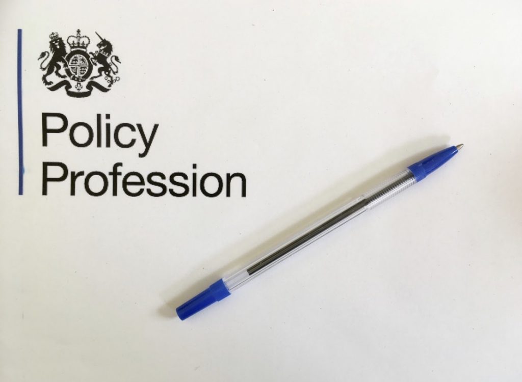 Policy profession logo alongside a ballpoint pen