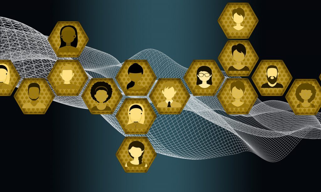 yellow hexagons with diverse people heads