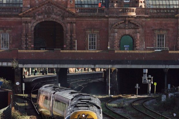 View of a train leaving a station