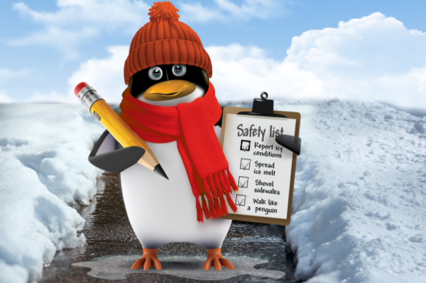 A penguin in icy conditions wrapped up with a scarf, hat, a clipboard and pen with a list of ways to prevent slips and trips in the ice.