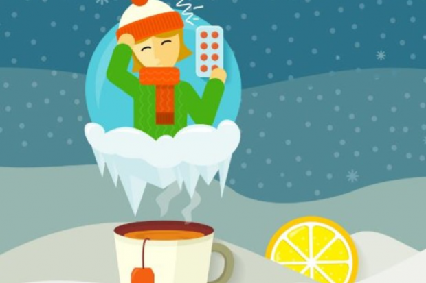 Cartoon with person wrapped up in hat and scarf holding their head floating above a cup of hot tea and a slice of lemon at the right side