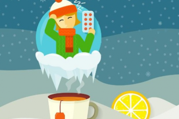 cartoon with person wrapped up in hat and scarf holding their head floating above a cup of hot tea and a slice of lemon at the right side