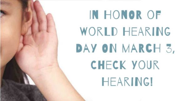 Girl with hand on her ears trying to hear , writing on side World hearing day on March 3 check your hearing