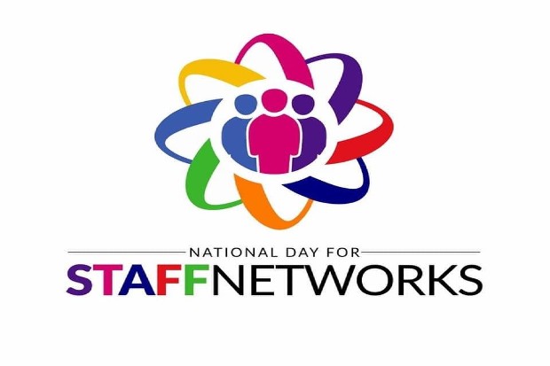 white background with the caption National day for staff networks underneath a group of mulit coloured figures within a kaleidoscope