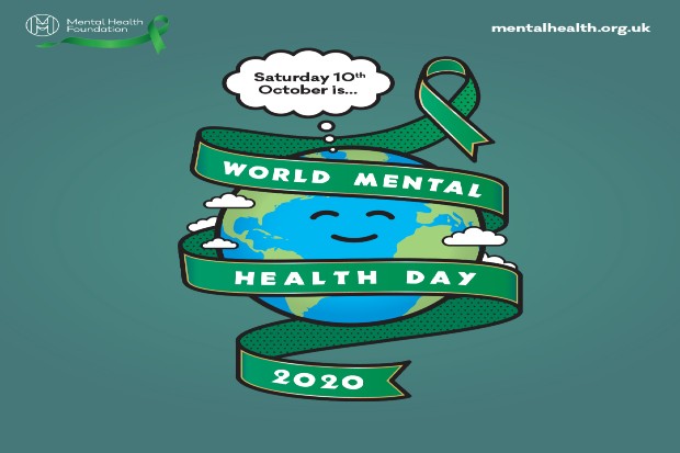 a cartoon image of the world with a green ribbon wrapped around it signifying world mental health day