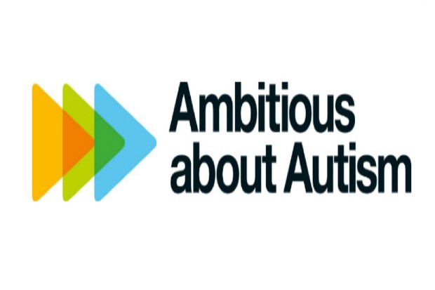 words Ambitious about autism and charity logo blue, green and orange triangles overlapping