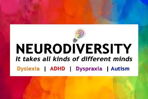 neurodiversity poster with the words neurodiversity and it takes all kinds of different minds below 