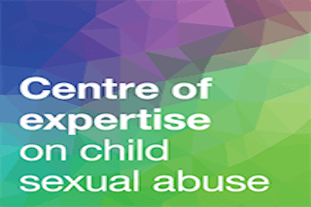 Purple and green background with centre of expertise on child sexual abuse written over the top.