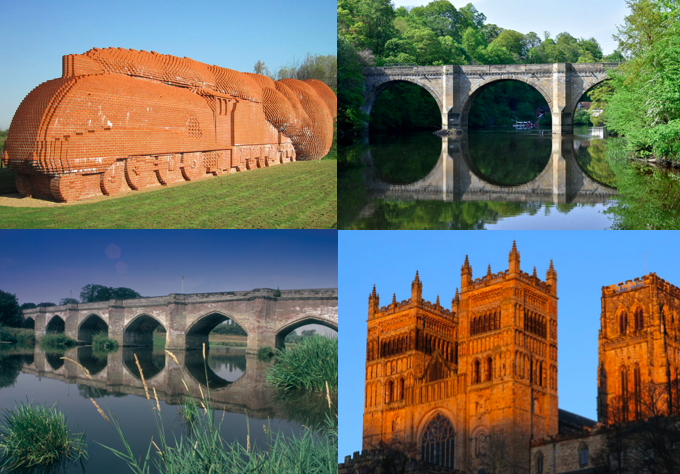 Train made out of bricks, a bridge over water and Durham cathedral