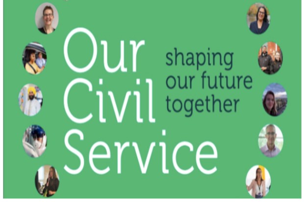 Our Civil Service shaping our future together written on a green background surrounded by round pictures of peopleded by