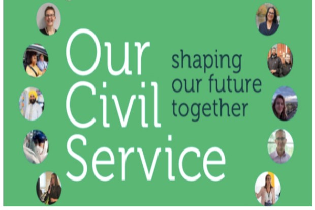 Our Civil Service shaping our future together written on a green background surrounded by round pictures of peopleded by 