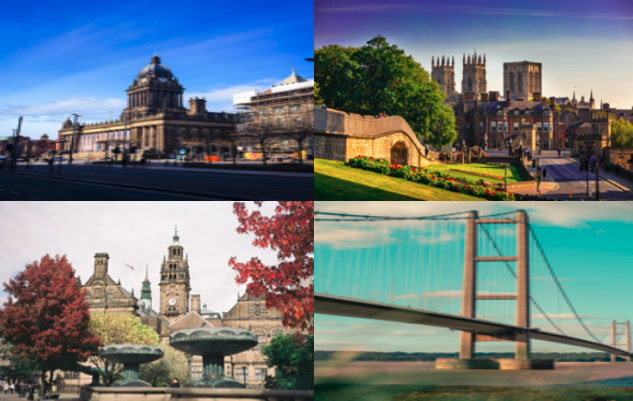 Images of Leeds Town Hall, Sheffield Town Hall, York Minster and the Humber Bridge