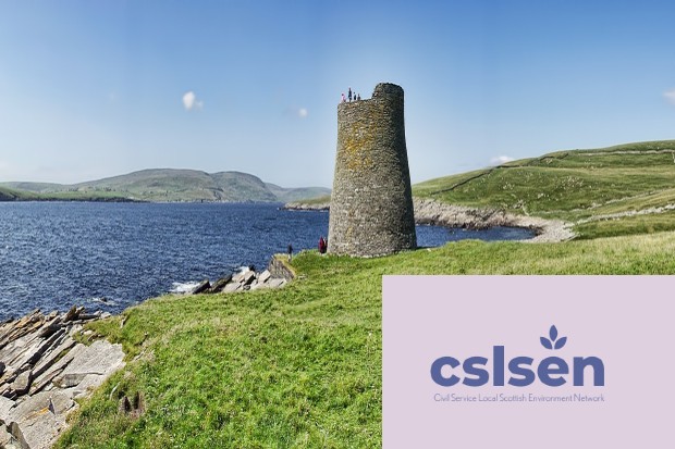 Coastline of Shetland Islands Scotland with Civil service local scotland environment logo in bottom right corner