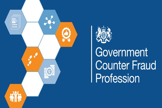 Government counter fraud profession written on blue background with hexagonal shapes to the left