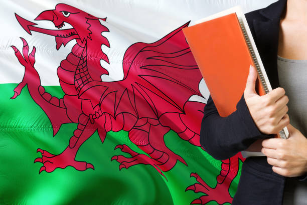 Learning Welsh language concept. Young woman standing with the Wales flag in the background. Teacher holding books, orange blank book cover.